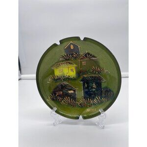 Vintage Prima Enamel on Copper Ashtray Trinket Dish House Village Scene